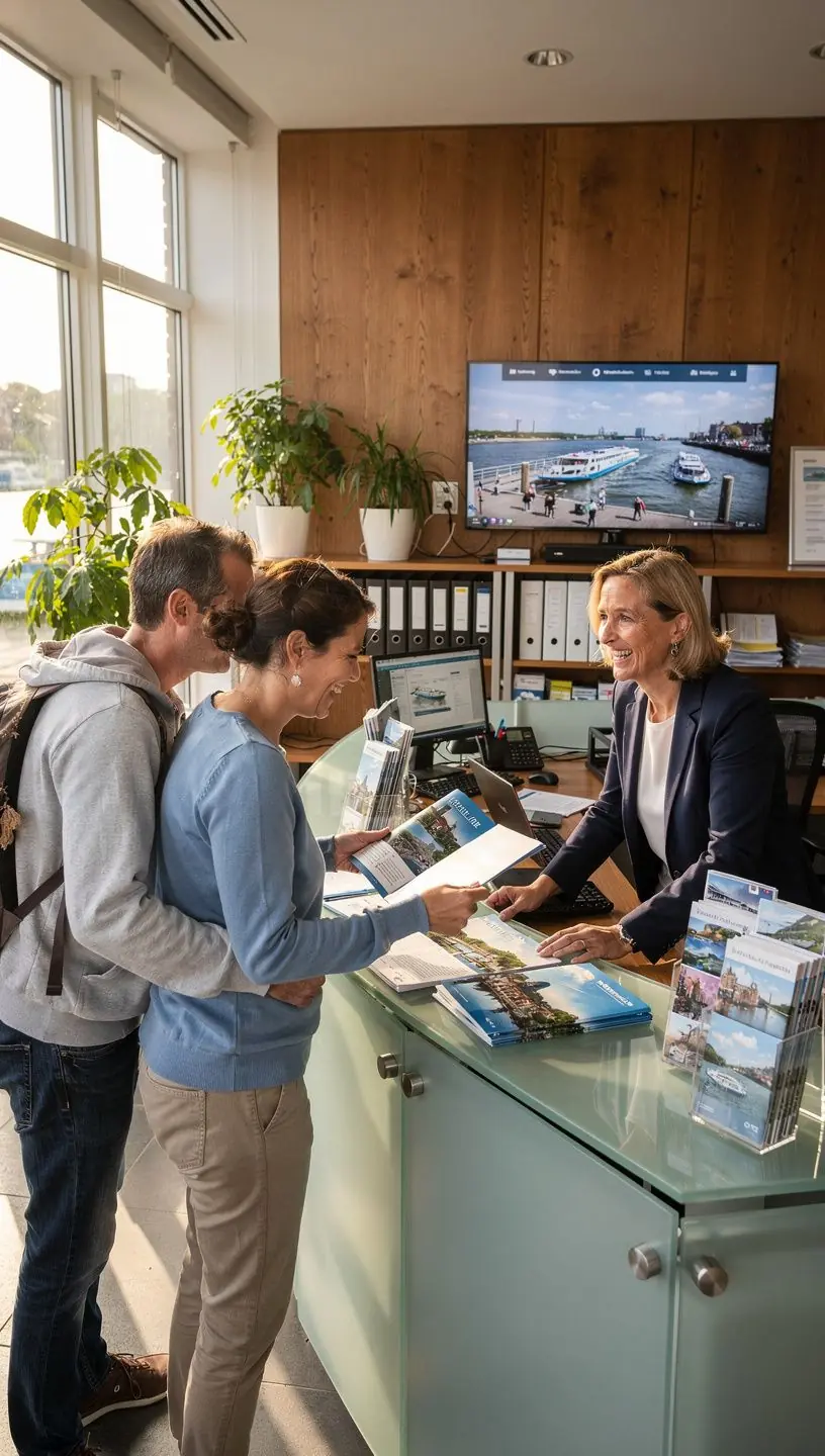 Mitarbeiter im Koordinationszentrum bei der Offline-Buchung von Flussreisen, konzentriert am Computer.