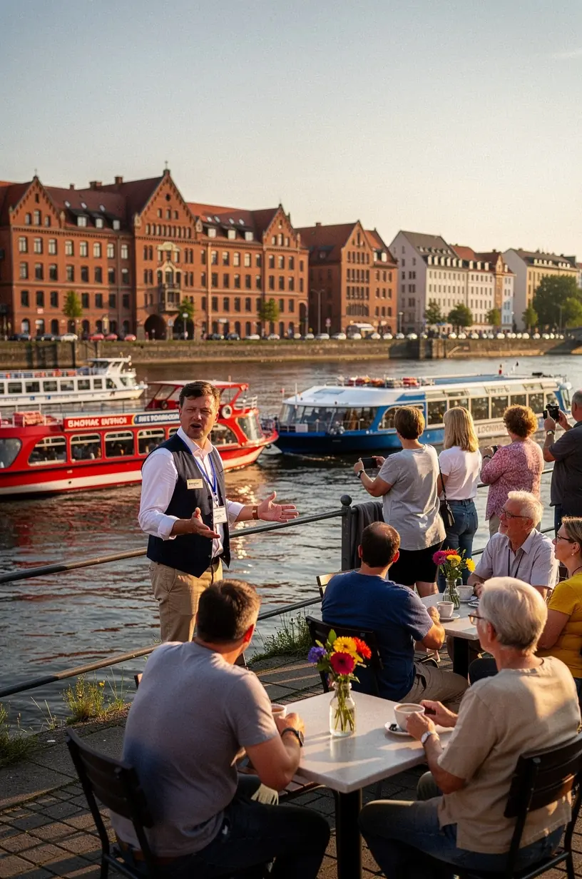 Reisepaket mit Informationsbroschüre, Tickets und Reiseplan auf einem Holztisch arrangiert.